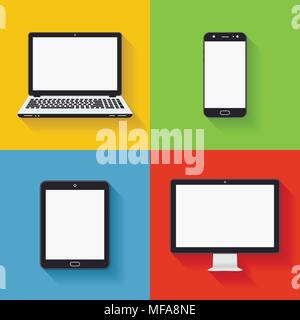 Device Icons - smart phone, tablet, laptop and desktop computer. Colorful device icons in flat style with shadow. Vector illustration. Stock Vector