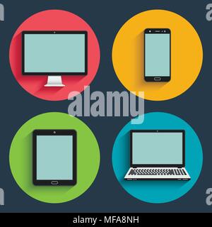Flat design long shadow styled modern vector icon set of gadgets and devices Stock Vector