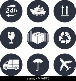 Delivery, shipping and transportation round icons set. Vector illustration Stock Vector