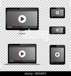 Set of modern digital devices isolated on transparent background. Video player template. Vector illustration Stock Vector