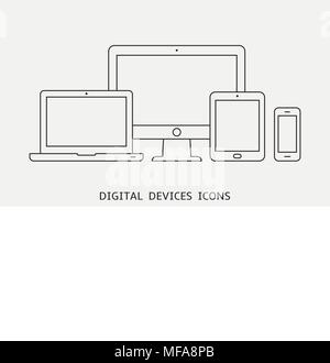 Vector set of outline device icons. Monitor, laptop, tablet pc and smartphone. Vector illustration Stock Vector