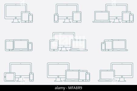 Vector set of outline device icons. Monitor, laptop, tablet pc and smartphone. Vector illustration Stock Vector