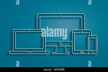 Vector set of outline device icons. Monitor, laptop, tablet pc and smartphone. Vector illustration Stock Vector