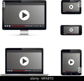 Modern digital devices with web video player on screen. Isolated on white background. Vector illustration. Stock Vector
