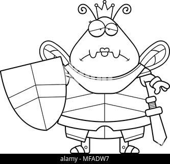 A cartoon illustration of a bee queen in armor looking sad. Stock Vector