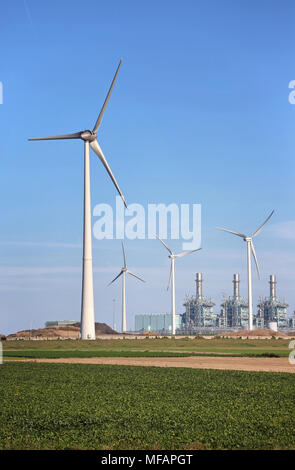 Wind farm Westereems with gas-fired power plant Stock Photo