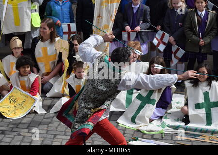 People of Chester watch a retelling of the St George's story on St George's day Stock Photo