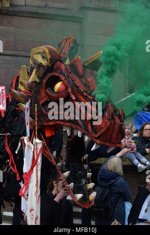 People of Chester watch a retelling of the St George's story on St George's day Stock Photo