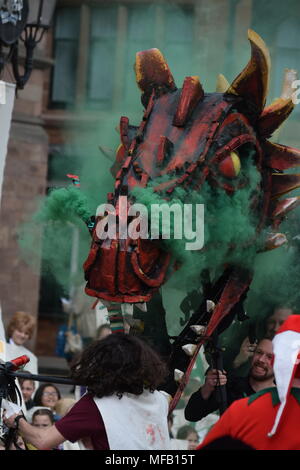 People of Chester watch a retelling of the St George's story on St George's day Stock Photo