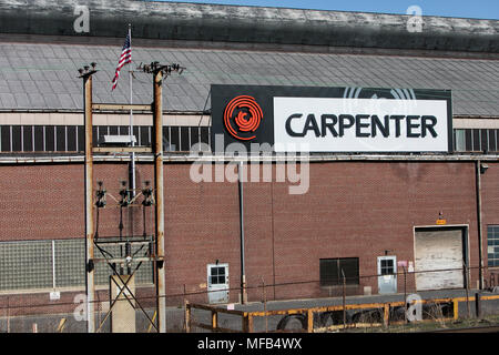 A logo sign outside of a facility occupied by the Carpenter Technology Corporation in Reading, Pennsylvania, on April 22, 2018. Stock Photo