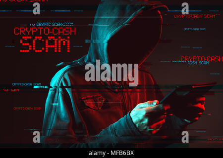Crypto cash scam concept with faceless hooded male person using tablet computer, low key red and blue lit image and digital glitch effect Stock Photo