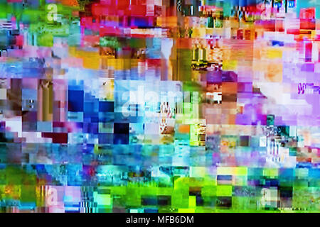 Digital TV glitch on television screen with misplaced squares, static effects and freezing problems during broadcast failure Stock Photo