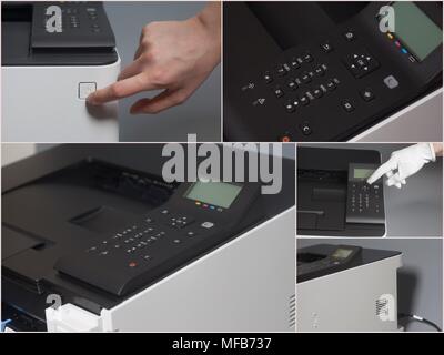 Woman's hands in white glove pressing button on control panel color laser printer collage Stock Photo