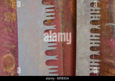 Two old crosscut saw blades look ornate in their design when photographed close up. Stock Photo