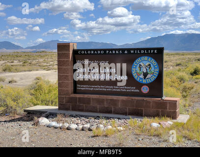 San Luis Lakes State Wildlife Area overlooks the Great Sand Dunes National Park.  The park is home to enormous sand dunes up to 700 feet high, an unus Stock Photo