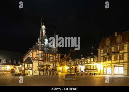 Wernigerode, Germany - April 24, 2018: View of the historic town hall of the popular tourist town of Wernigerode in the Harz Mountains, Germany. The t Stock Photo