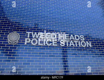 front of new Tweed Heads Police Station including sign on tiled wall Stock Photo