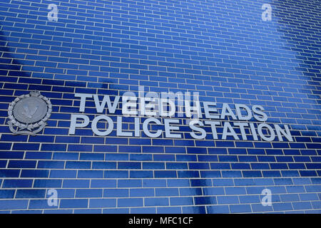 front of new Tweed Heads Police Station including sign on tiled wall Stock Photo