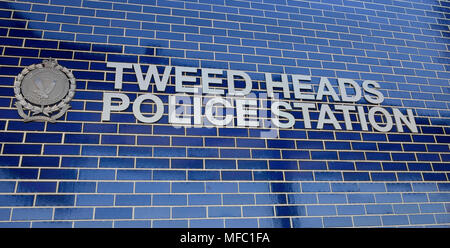 front of new Tweed Heads Police Station including sign on tiled wall Stock Photo