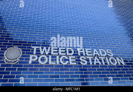 front of new Tweed Heads Police Station including sign on tiled wall Stock Photo