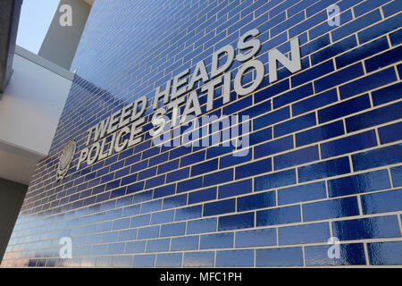 front of new Tweed Heads Police Station including sign on tiled wall Stock Photo