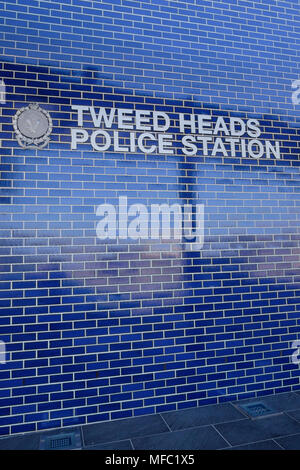 front of new Tweed Heads Police Station including sign on tiled wall Stock Photo