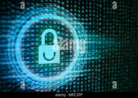 Data privacy information security in social cyber age. Blue Padlock icon, circle light energy surrounding, on blue green binary code bit flowing movem Stock Photo