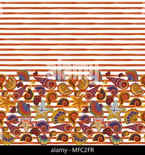 Vector seamless pattern of seashells on striped background. Hand drawn vintage engraved illustration of ocean underwater animals. Stock Vector