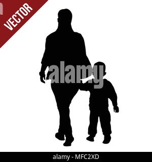 Silhouette of a mother walking by the hand with her son on white background, vector illustration Stock Vector