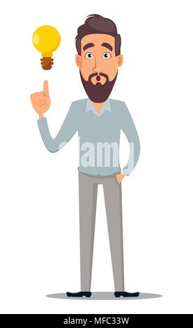 Business man in casual clothes. Businessman cartoon character having a brilliant idea. Vector illustration on white background Stock Vector