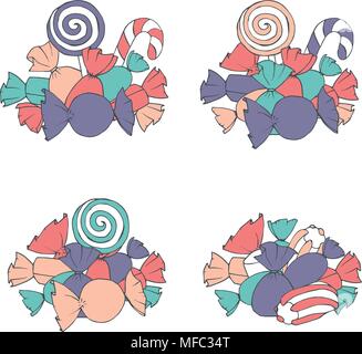Hand drawn vector set of marshmallows and wrapped candies piles isolated on the white background. Decoration with sweets in bright colors. Stock Vector