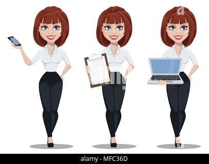 Business woman in office style clothes with brown hair. Businesswoman cartoon character, set with smartphone, with clipboard and with laptop. Vector i Stock Vector