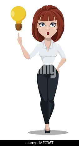 Business woman in office style clothes with brown hair. Businesswoman cartoon character having a good idea. Vector illustration on white background Stock Vector