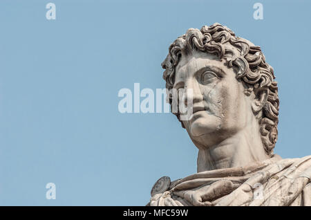 Ancient marble statue of mythical character Castor or Pollux, dated back to the 1st century BC, located at the top of monumental balustrade in Capitol Stock Photo