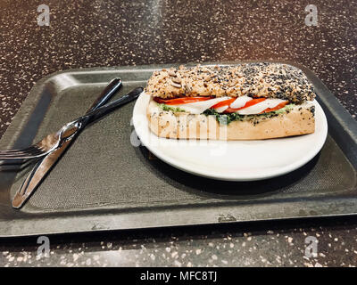Mozzarella Sandwich in Poppy Seed Bread served with Tray. Fast food Stock Photo