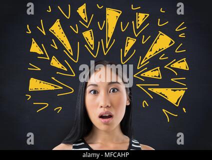 Shocked woman with tense triangle doodles on blackboard Stock Photo