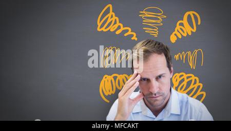 Angry stressed headache man with doodles on grey background Stock Photo