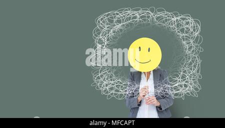Smiley face business person with doodle squiggles circle and green background Stock Photo
