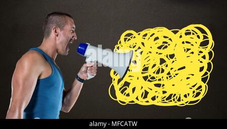 Man shouting in megaphone with yellow scribble doodles Stock Photo