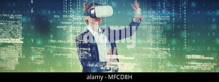 Composite image of happy businesswoman working with vr Stock Photo
