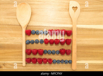 Vintage abacus calculator frame made of kitchen spoons, fresh blueberries and raspberries on a brown wooden cutting board Stock Photo