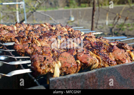 Meat on iron skewers, cooked on an open fire. Shish kebab roasted outdoors. Picnic. Stock Photo
