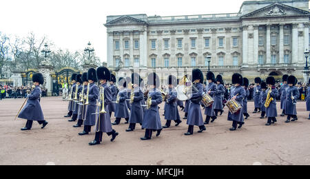 London / England - 02.07.2017: Royal Guard Music parade marching at the Buckingham Palace.  Trumpet players squad. Stock Photo