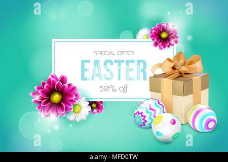 Easter card with gift box, eggs and flowers Stock Vector