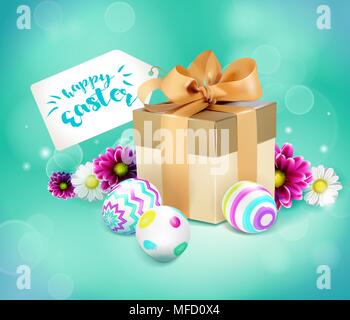 Easter card with gift box, eggs and flowers Stock Vector