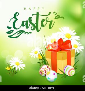 Easter card with gift box, eggs and flowers Stock Vector