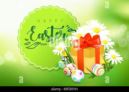 Easter card with gift box, eggs and flowers Stock Vector