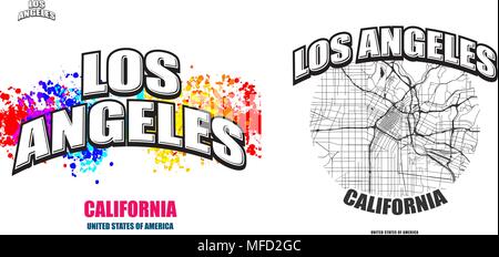 Los Angeles, California, logo design. Two in one vector arts. Big logo with vintage letters with nice colored background and one-color-version with ma Stock Vector