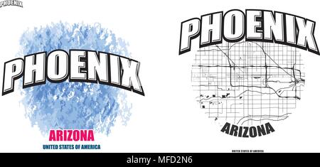 Phoenix, Arizona, logo design. Two in one vector arts. Big logo with vintage letters with nice colored background and one-color-version with map for e Stock Vector