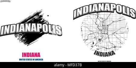 Indianapolis, Indiana, logo design. Two in one vector arts. Big logo with vintage letters with nice colored background and one-color-version with map  Stock Vector